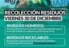 Horario de recolección de residuos Viernes 30 de diciembre: ASUETO
