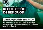 Horario de recolección de residuos LUNES 20 Y MARTES 21 de Febrero