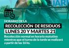 Horario de recolección de residuos del dia Martes 21 de Noviembre