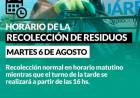 Horario de recolección de residuos este Martes 6 de Agosto ANIVERSARIO DE CORONEL SUÁREZ