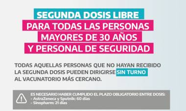  Se amplía el programa de segunda dosis libre para todos los mayores de 30 años y los trabajadores de Seguridad en la Provincia