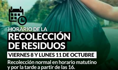HORARIO DE RECOLECCIÓN DE RESIDUOS DURANTE LOS FERIADOS NACIONALES DEL 8 Y 11 DE OCTUBRE