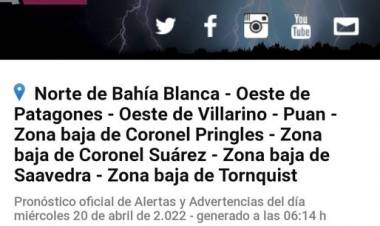 Alerta Amarilla: por tormenta