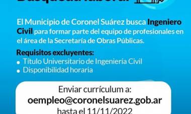 El Municipio de Coronel Suárez busca Ingeniero Civil