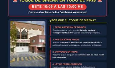 Jueves 10 de Septiembre: SIRENAZO de Bomberos en todo el pais