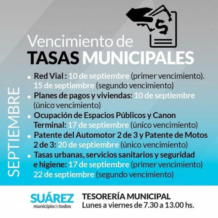 Vencimiento de tasas municipales del mes de septiembre