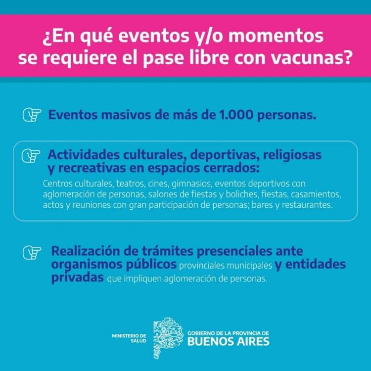Empieza a regir en toda la Provincia de Buenos Aires el PASE LIBRE CON VACUNA