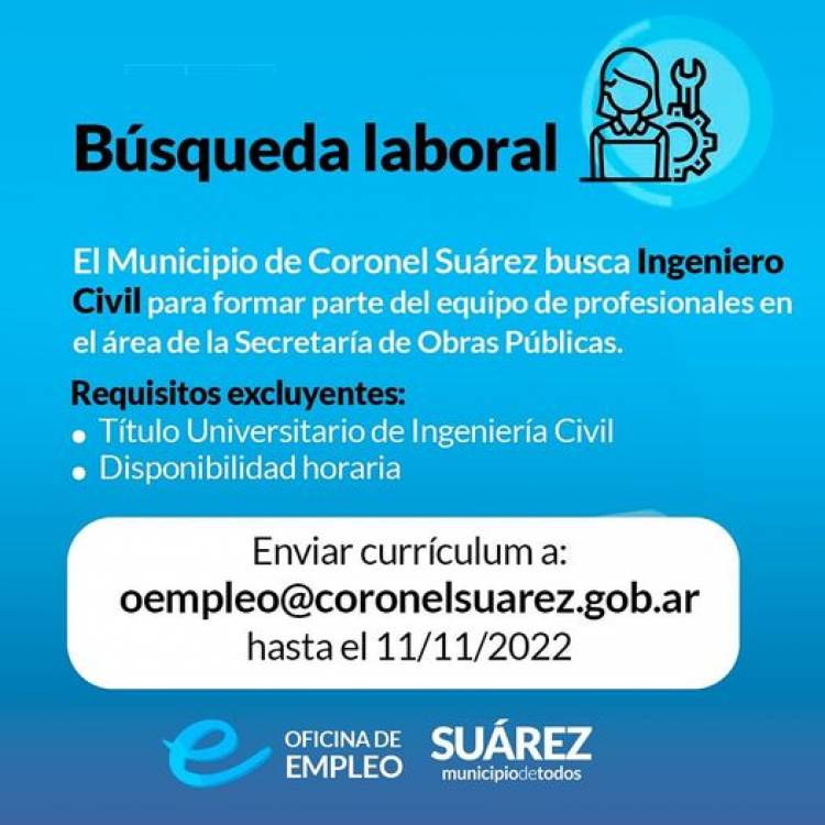 El Municipio de Coronel Suárez busca Ingeniero Civil