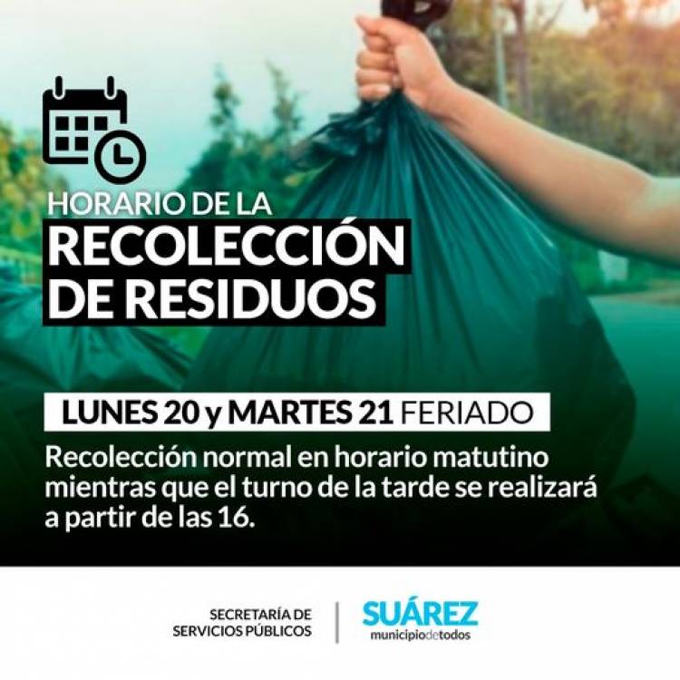 Horario de recolección de residuos LUNES 20 Y MARTES 21 de Febrero