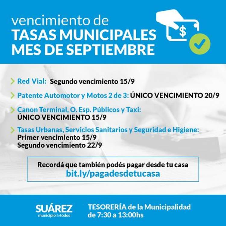 Vencimiento de Tasas Municipales del mes de septiembre