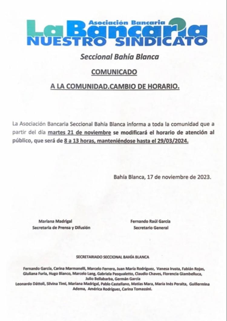 Los bancos de la provincia de Buenos Aires atenderán de 8 a 13 desde el martes