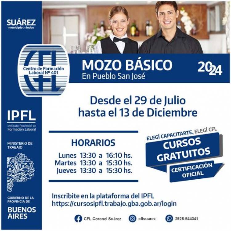 CFL: CURSO GRATUITO CON CERTIFICACIÓN OFICIAL DE MOZO EN PUEBLO SAN JOSÉ