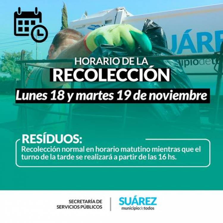 Horario de recolección de residuos del Lunes 18 y Martes 19