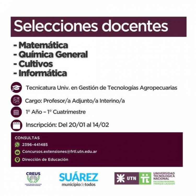 CREUS: Convocatoria docente para la UTN en Coronel Suárez