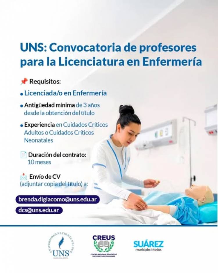 UNS: convocatoria de profesores para la licenciatura en Enfermería