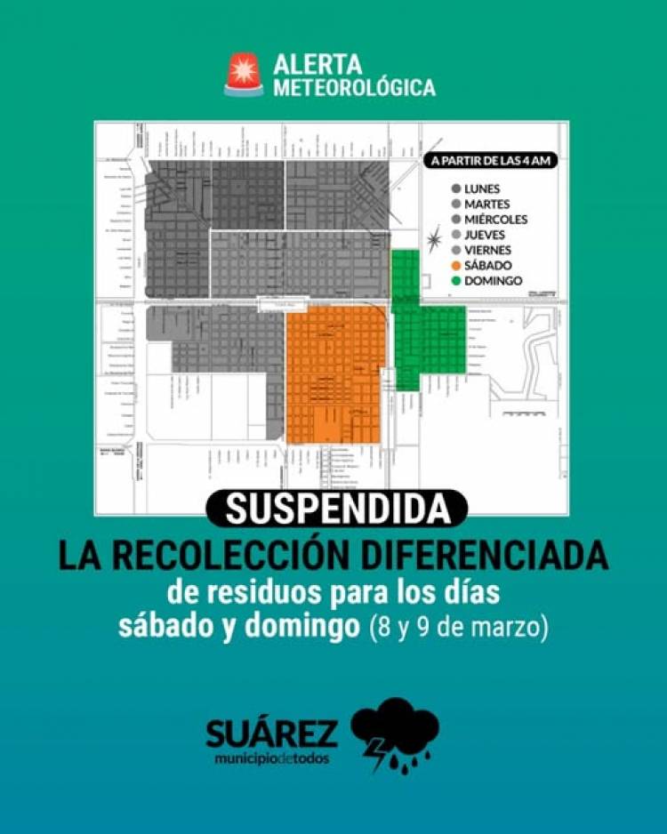 Se suspende la recolección domiciliaria del turno tarde