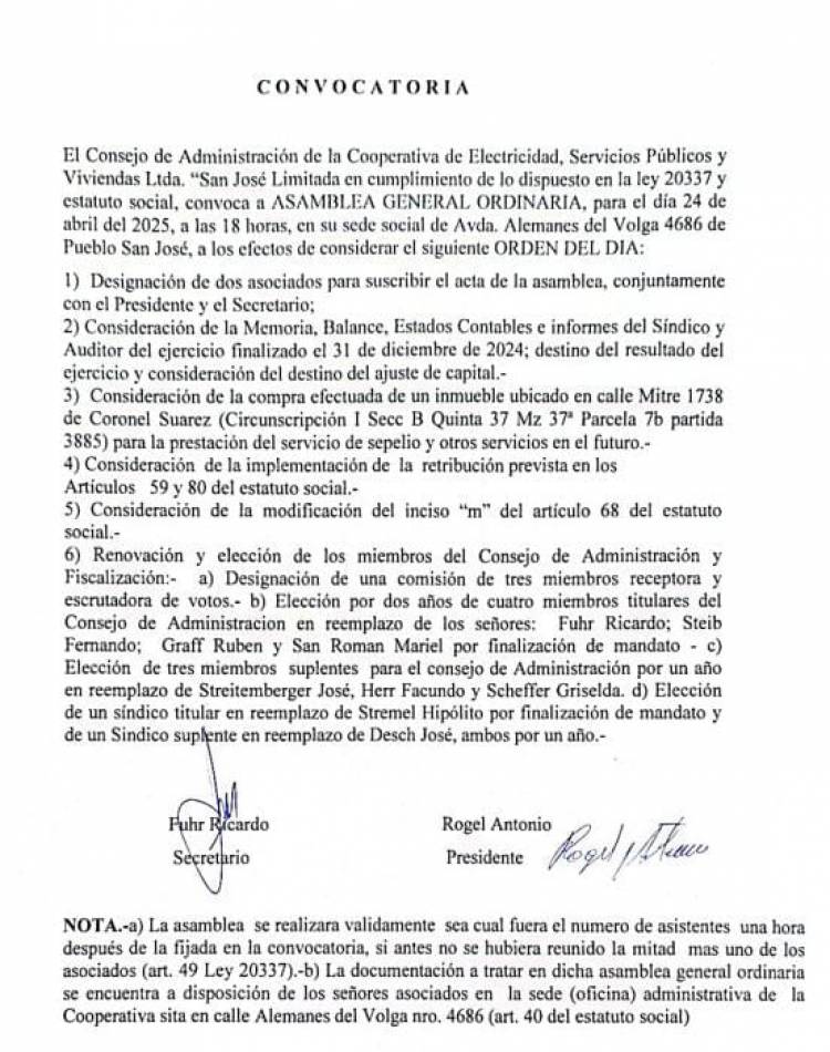 Convocatoria a Asamblea General Ordinaria: San Jose