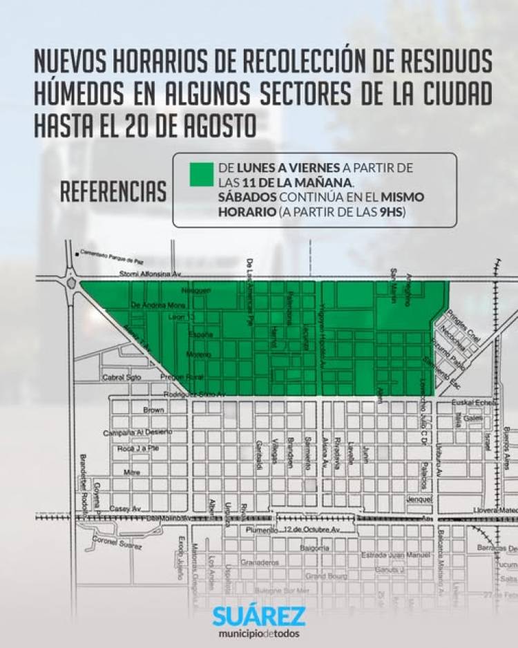 Cambio de horario en la recolección de residuos en algunos sectores de la ciudad