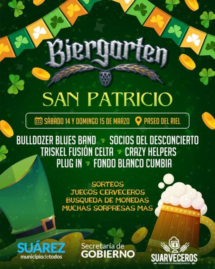 San Patricio llega a Coronel Suárez: birra, música y fiesta verde en el Paseo del Riel