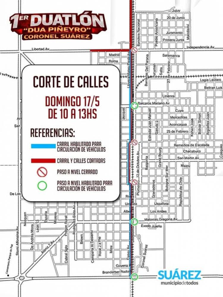 CORTES DE CALLES ESTE DOMINGO POR EL DUATLON PIÑEYRO-CORONEL SUÁREZ